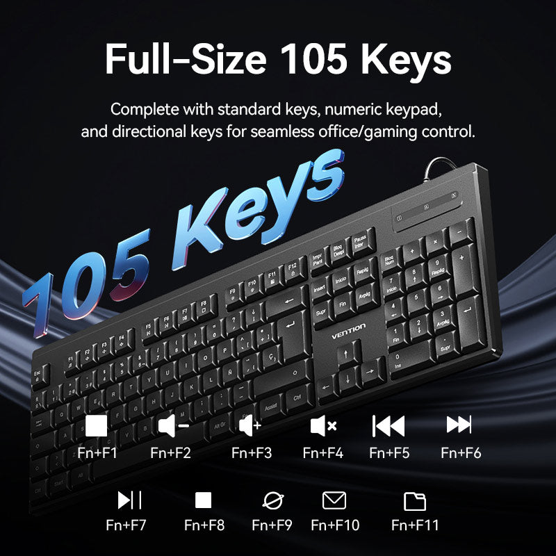 Vention USB Kablolu Tam Boyutlu Sessiz Klavye ve Fare Kombinasyonu Siyah İnce Tip - İspanyolca Düzeni