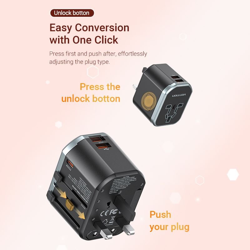 Vention 3-Port USB (C+C+A) Universal Travel Adapter (20W/18W/18W) - Vention