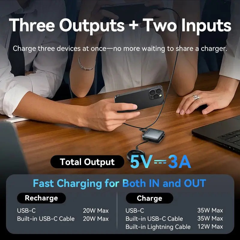 Vention 10000mAh Mini Power Bank (USB-C + USB-C/Lightning) with Built-in USB-C and Lightning Cables 35W Gray - Vention