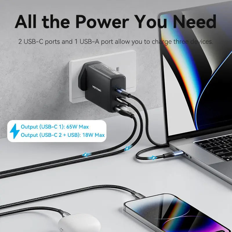 Vention 3-Port USB (C+C+A) GaN Charger (100W/65W/30W) UK-Plug - Vention
