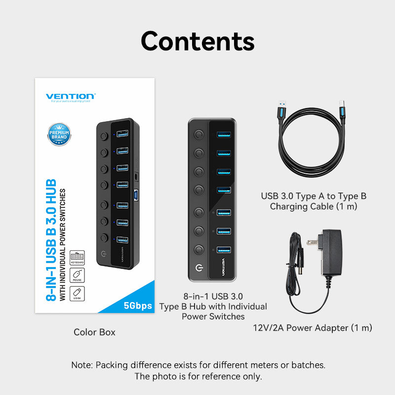 USB B 3.0 to USB 3.0 x7 Hub with Individual Power Switches and DC 5.5mm Power Adapter CN/UK/US/EU-Plug Black