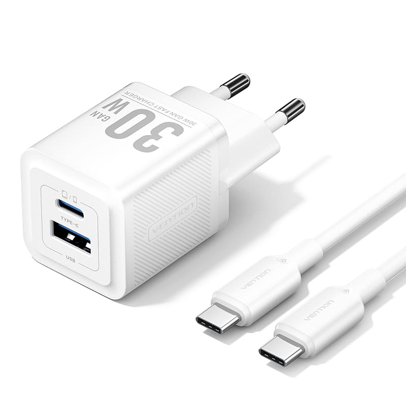 <tc>Vention</tc> 双端口 USB (C+A) GaN 充电器 (30W/30W),配备 USB-C 转 USB-C 线缆 (1 米) 欧规