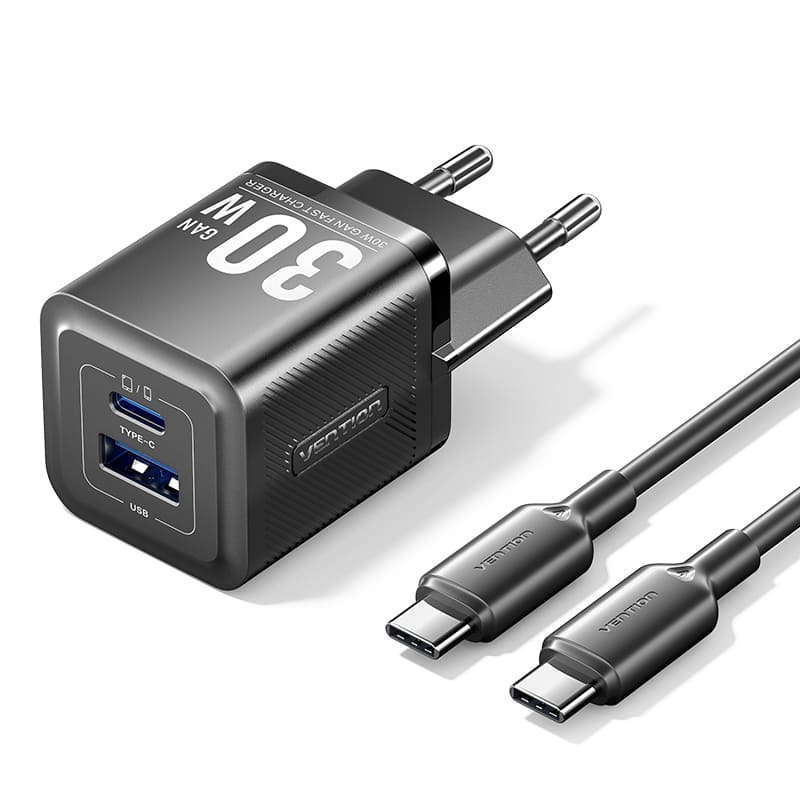 <tc>Vention</tc> 双端口 USB (C+A) GaN 充电器 (30W/30W),配备 USB-C 转 USB-C 线缆 (1 米) 欧规