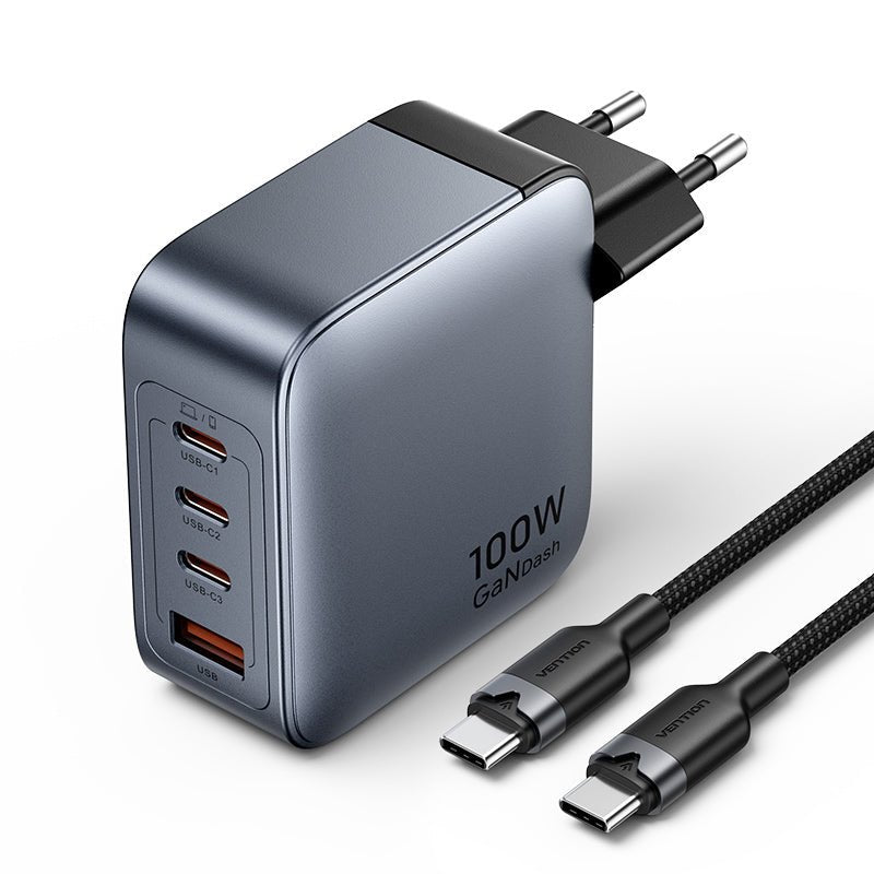 Vention 4-Port USB (C + C + C + A) GaN Charger (100W/100W/30W/30W) Gray with USB-C to USB-C Cable (1M) Black EU-Plug - Vention