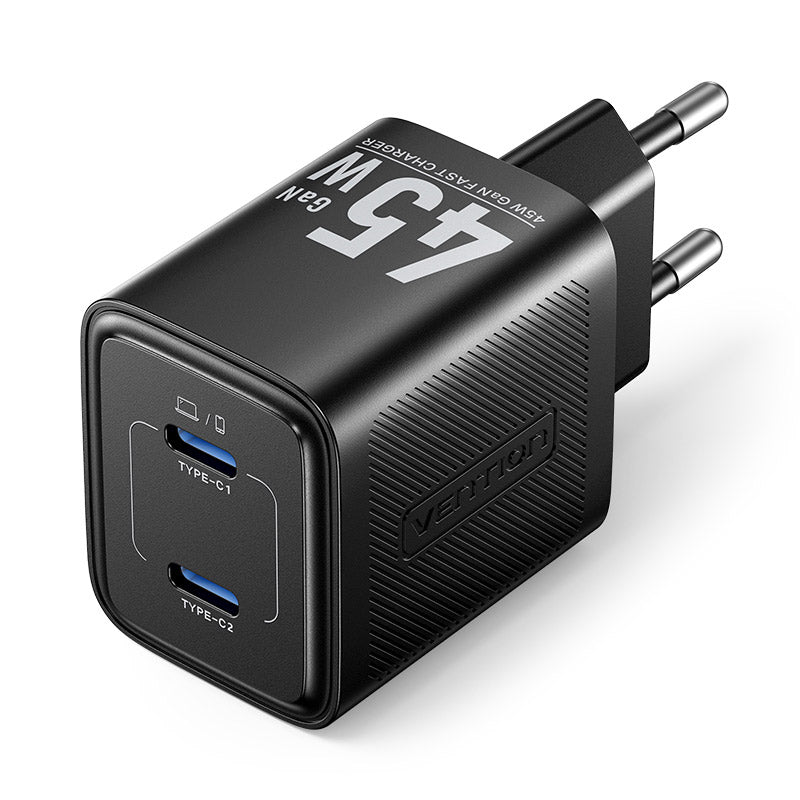 <tc>Vention</tc> Pengisi Daya GaN USB (C + C) 2 Port (45W/45W) Colokan EU Hitam