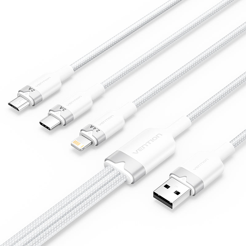 USB 2.0 A Male to 3-in-1 USB-C & Lightning & Micro-B Male 3A Cable