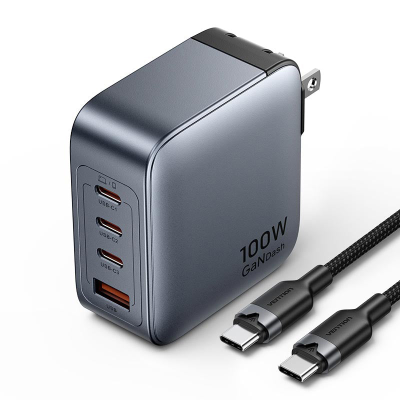 <tc>Vention</tc> 4 端口 USB (C + C + C + A) GaN 充电器 (100W/100W/30W/30W) 灰色,配备 USB-C 转 USB-C 线缆 (1 米) 黑色美规插头