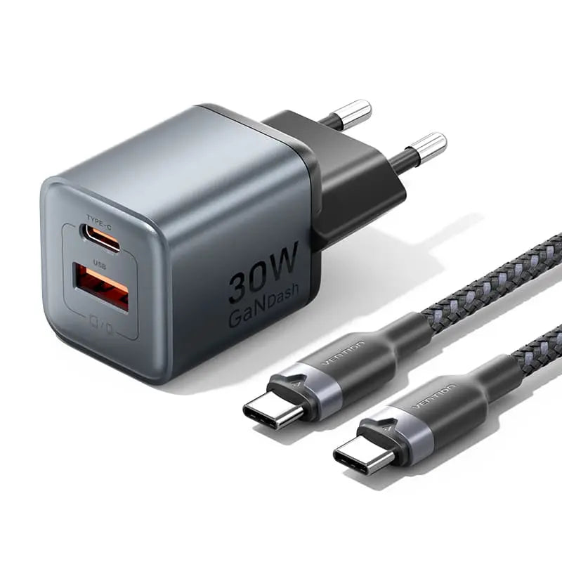 Vention 2-Port USB (C + A) GaN Charger (30W/18W) Gray with USB-C to USB-C Cable (1M) Black EU-Plug - Vention