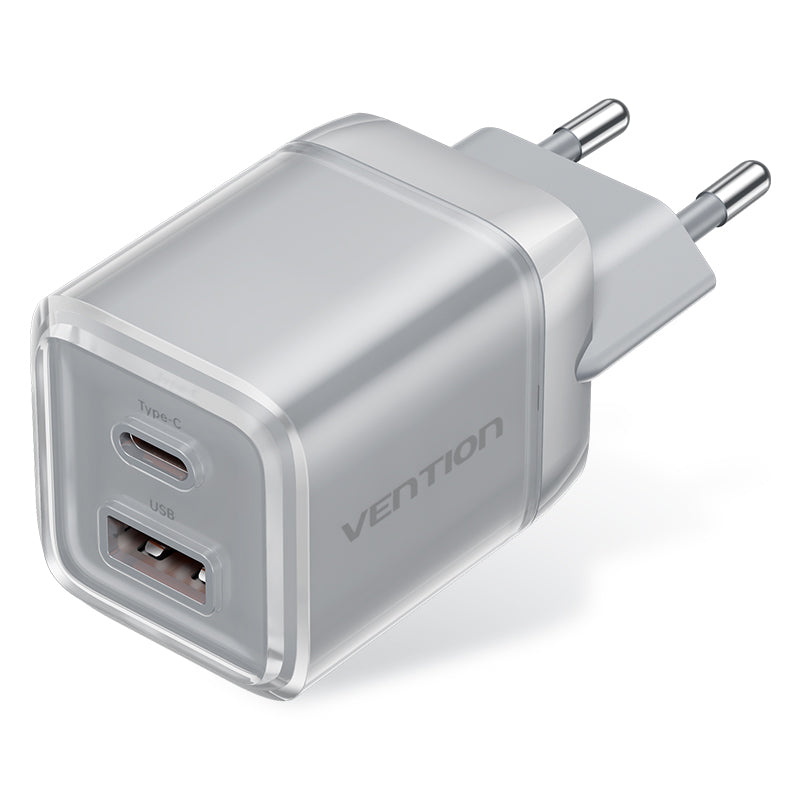 <tc>Vention</tc> Cargador GaN de 2 puertos USB (C + A) (70 W/22,5 W) Enchufe europeo Gris transparente
