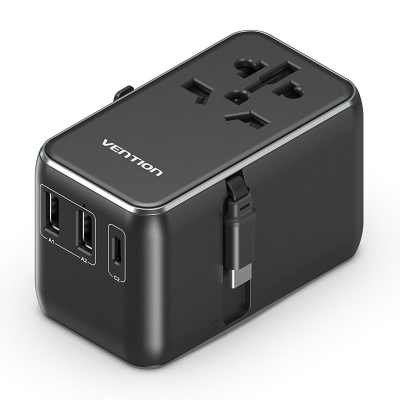 <tc>Vention</tc> 3端口USB(C + A + A)GaN通用旅行适配器(65W/60W/5W),内置USB-C数据线,黑色