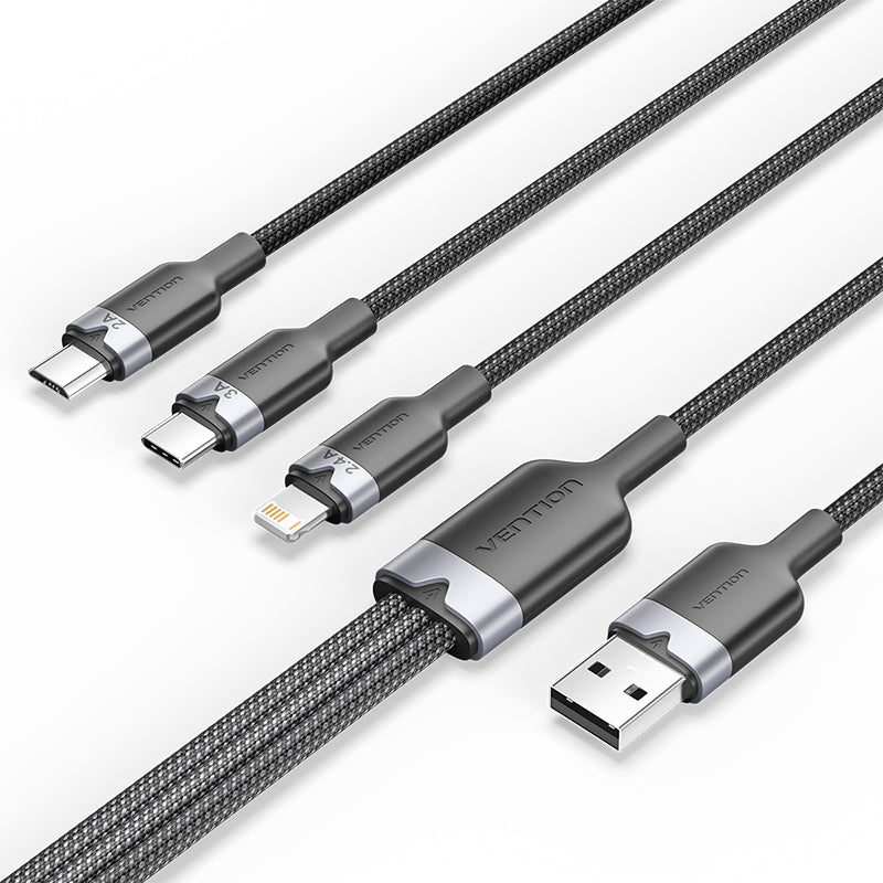 USB 2.0 A Male to 3-in-1 USB-C & Lightning & Micro-B Male 3A Cable