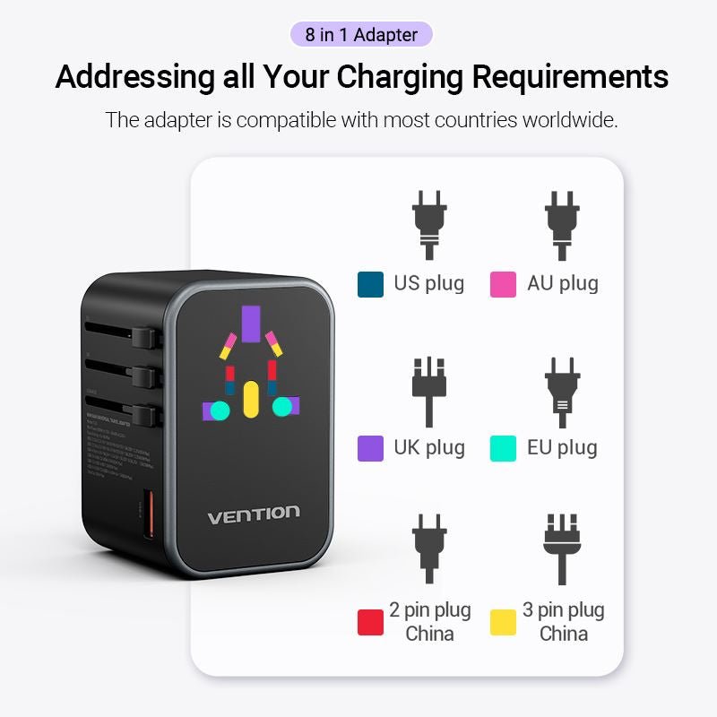 Vention 3-Port USB (C+C+A) GaN Universal Travel Adapter (65W/65W/30W) - Vention