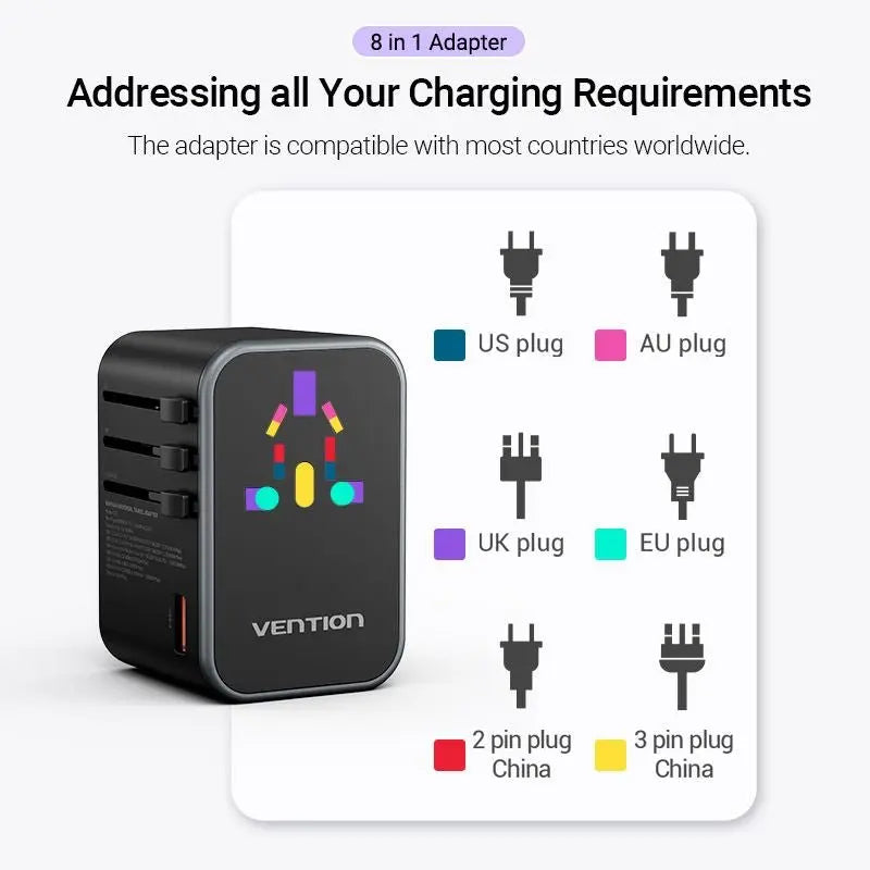Vention 3-Port USB (C+C+A) GaN Universal Travel Adapter (65W/65W/30W) - Vention