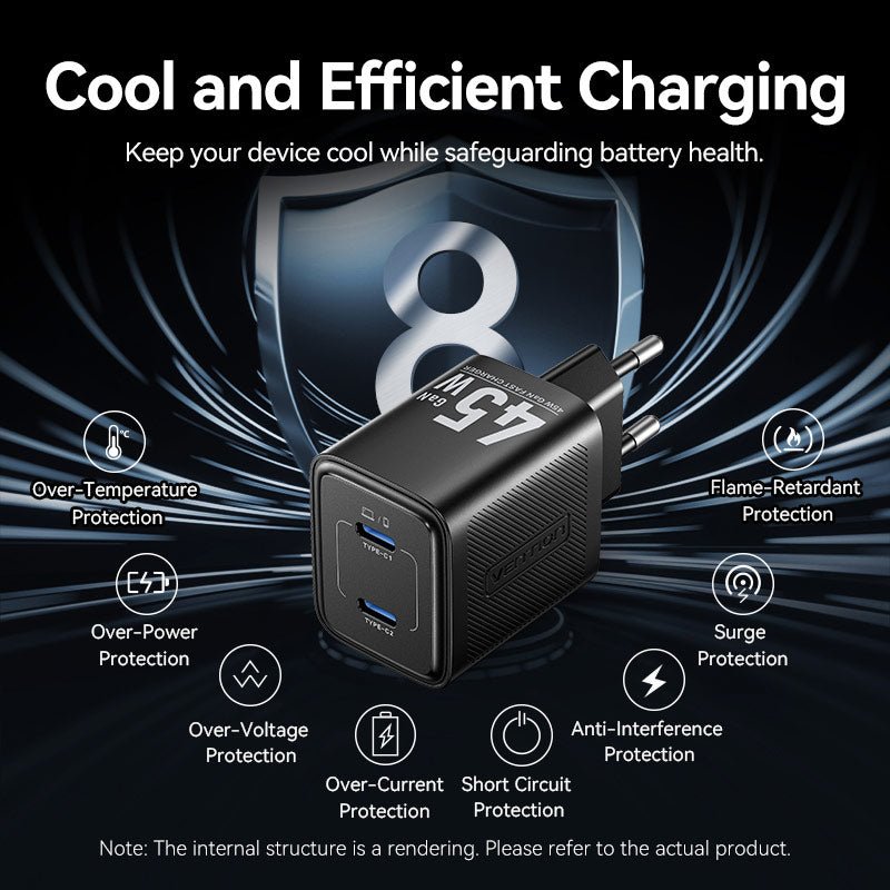 Vention 2-Port USB (C + C) GaN Charger (45W/45W) EU-Plug Black - Vention