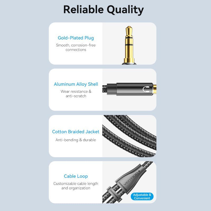 Vention Cotton Braided Dual 3.5mm TRS Male to 3.5mm Female Audio Cable 0.3M Black Aluminum Alloy Headphone Type (OMTP/CTIA) - Vention