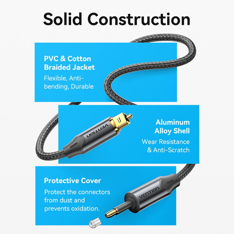 Vention Toslink to Mini Toslink Optical Audio Cable 0.5/1/1.5/2/3/5/10M Black Aluminum Alloy Type