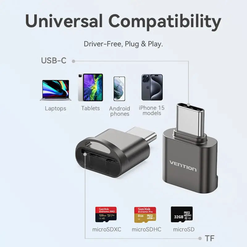 Vention USB 2.0 Type-C MicroSD Card Reader Gray Zinc Alloy Type - Vention