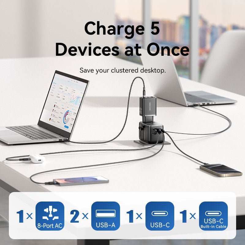 Vention 3-Port USB (C + A + A) GaN Universal Travel Adapter (65W/60W/5W) with Built-in USB-C Cable Black - Vention
