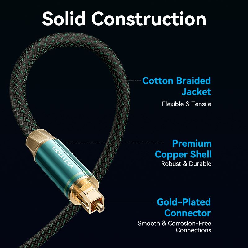 Vention Cotton Braided Optical Fiber Audio Cable 1/1.5/2/3/5/10M Green Copper Type