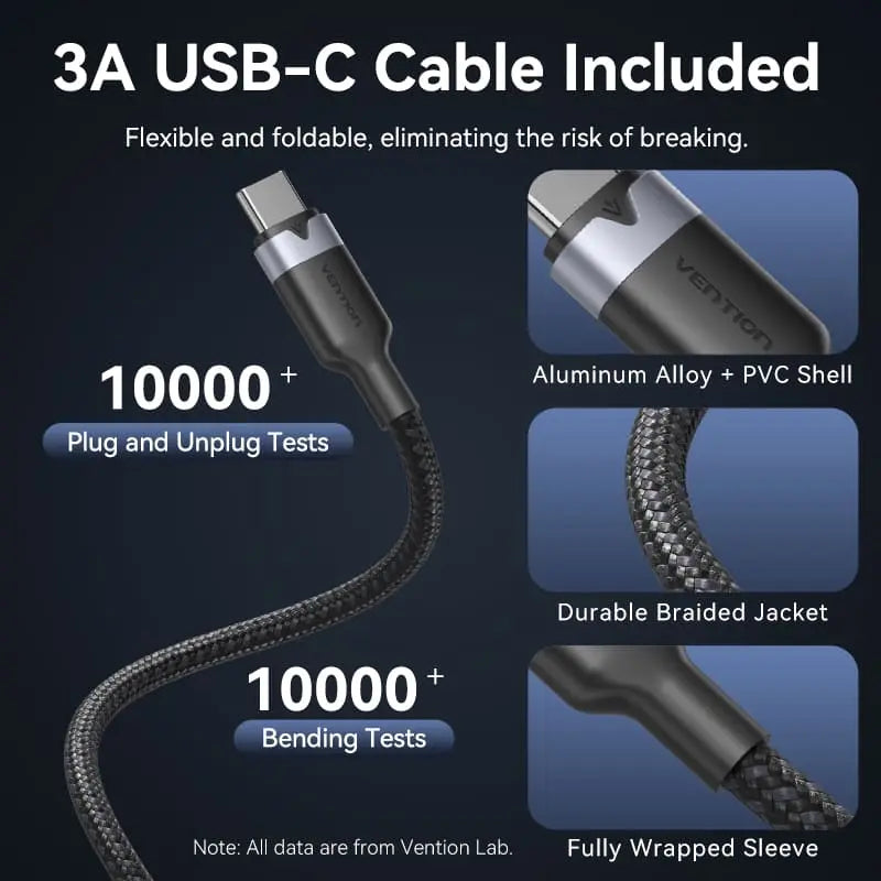 Vention 2-Port USB (C + A) GaN Charger (30W/18W) Gray with USB-C to USB-C Cable (1M) Black EU-Plug - Vention