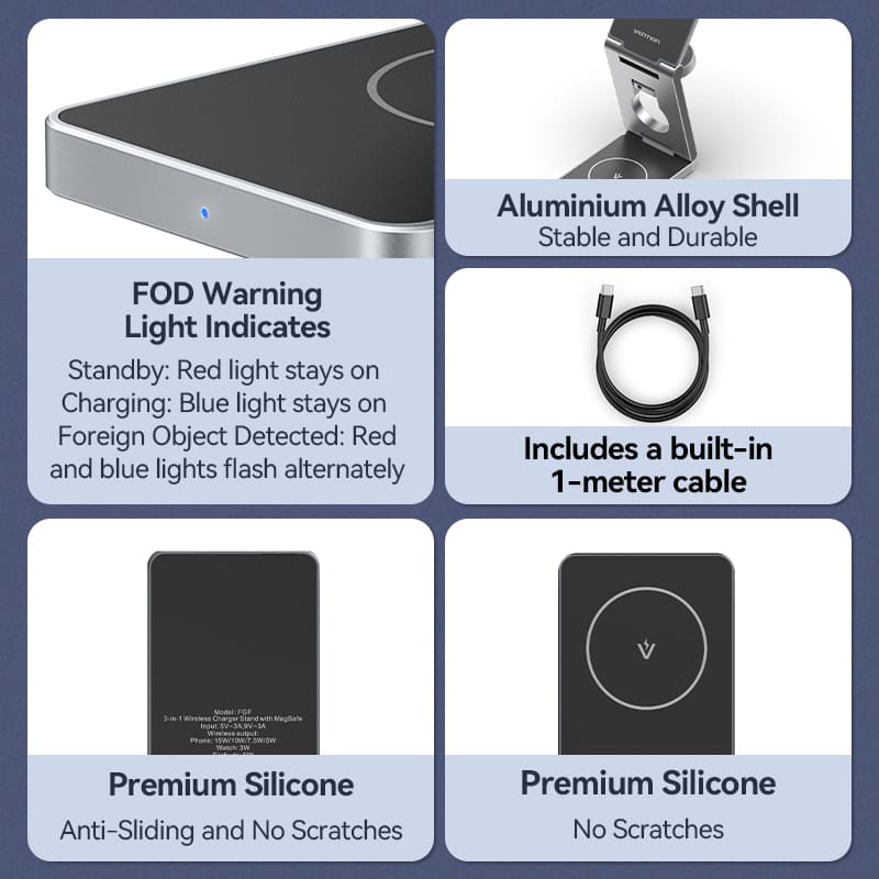 <tc>Vention</tc> Chargeur sans fil 3-en-1 15 W avec MagSafe Gris