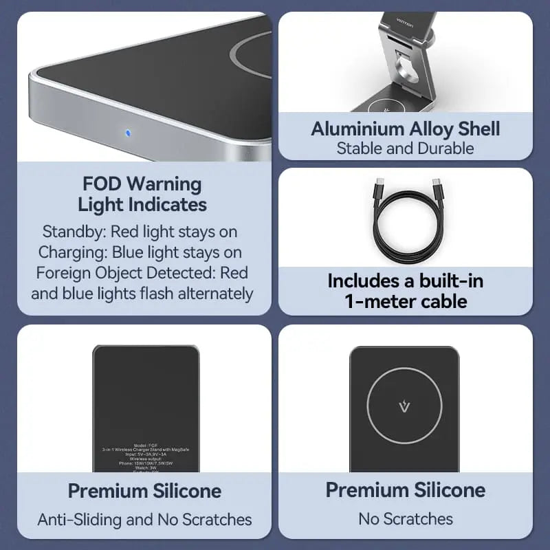 Vention 3‑in‑1 15W Wireless Charger Stand with MagSafe Gray - Vention
