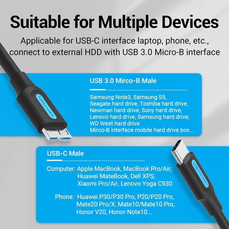 USB 3.0 C Male to Micro-B Male 2A Cable 0.5/1M Black - Vention