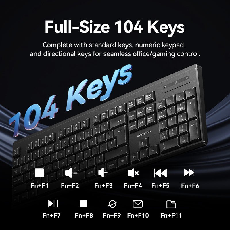 Vention Wireless Full-Sized Silent Keyboard and Mouse Combo Black Slim Type - Vention