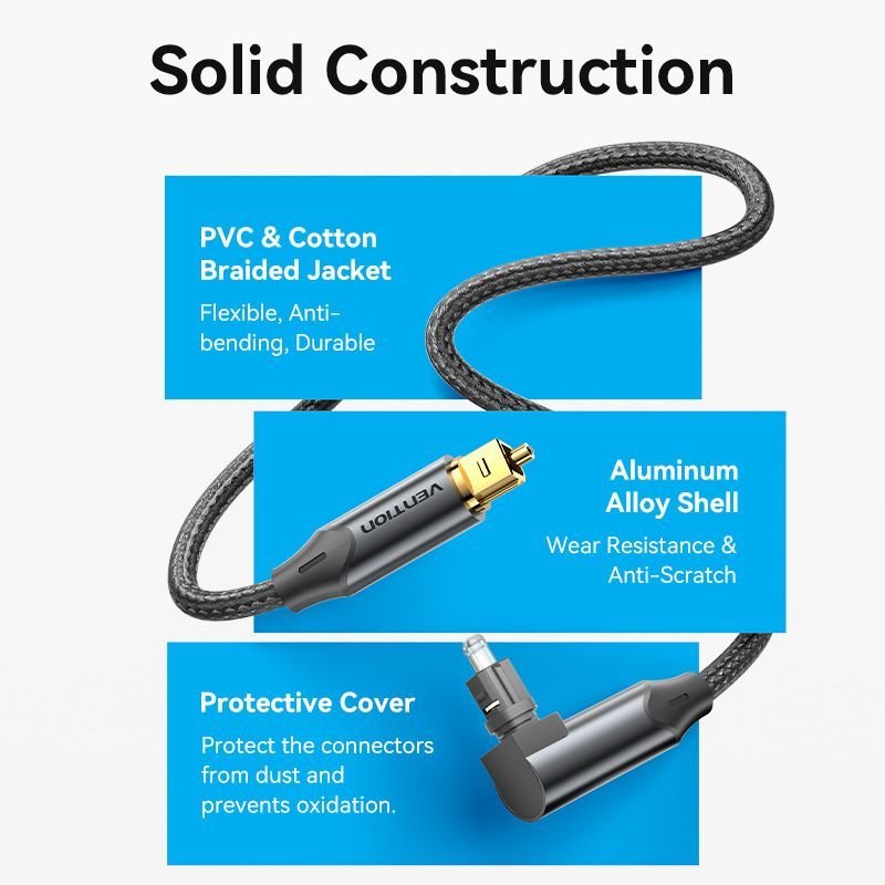 Vention 90-Degree Optical Audio Cable 0.5/1/1.5/2/3/5/10M Black Aluminum Alloy Type - Vention