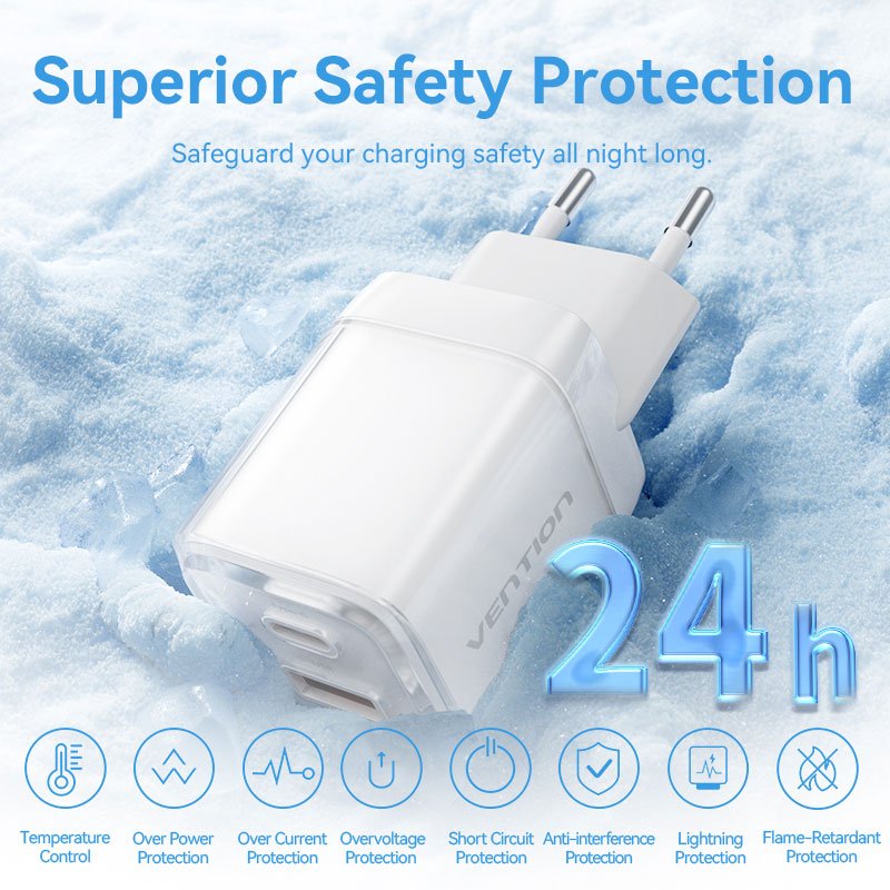 Vention 2-Port USB (C + A) GaN Charger (70W/22.5W) EU-Plug Transparent Gray - Vention