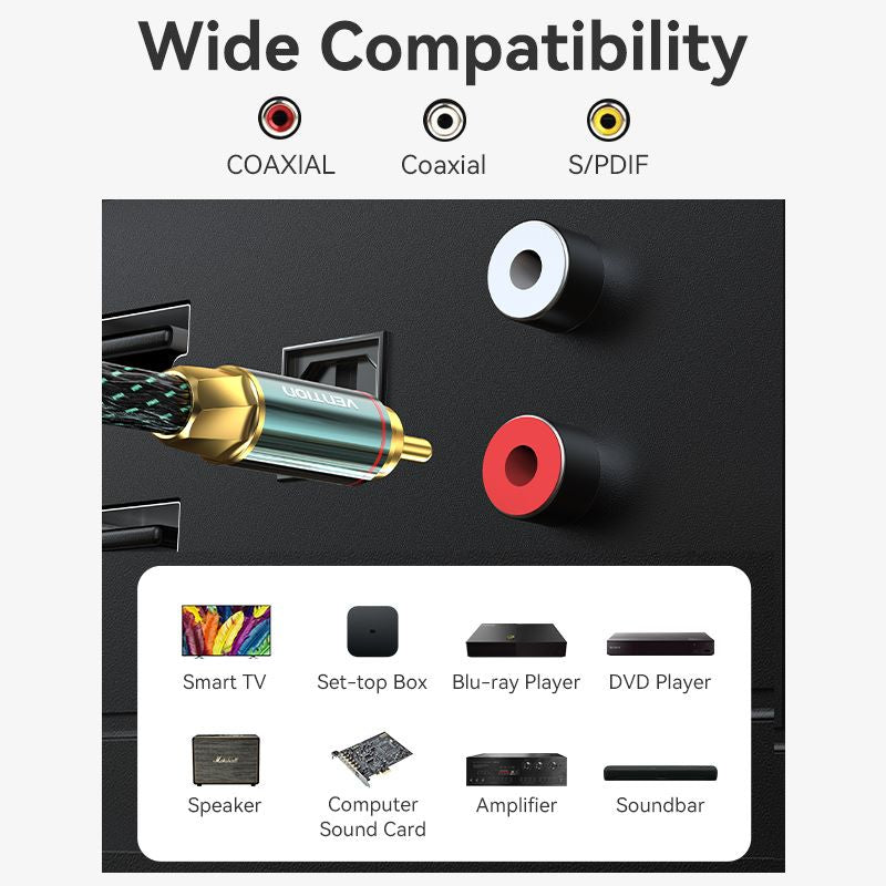 Vention Cotton Braided RCA Male to Male Coaxial Audio Cable 0.5/1/1.5/2/3/5/8/10M Green Copper Type