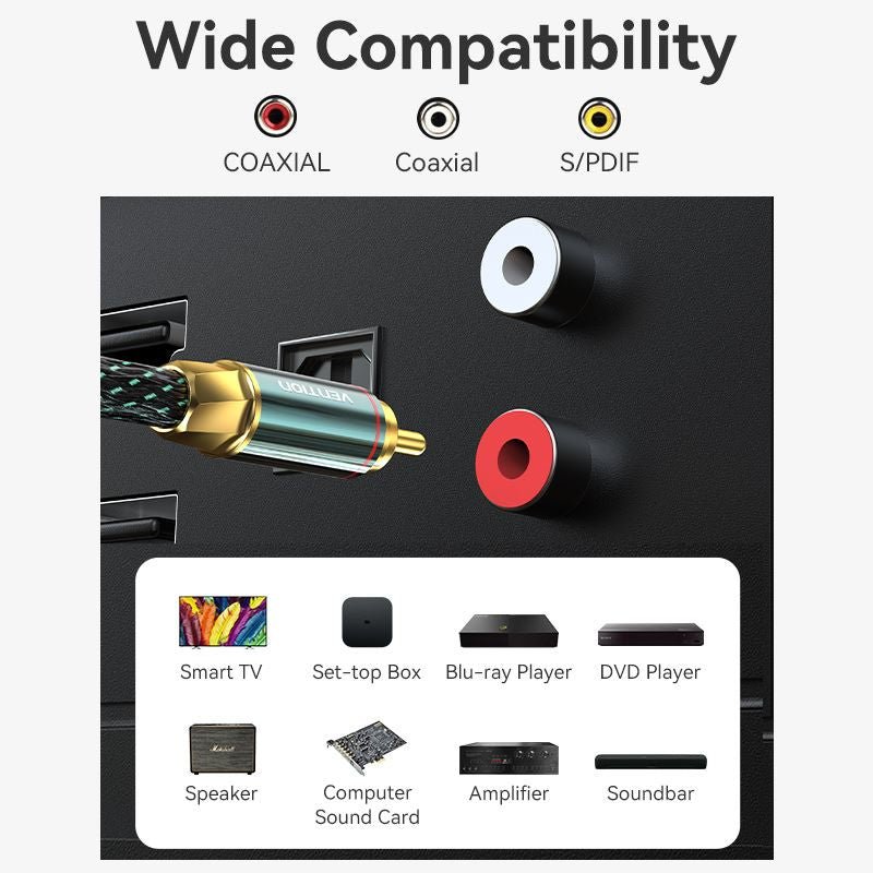 Vention Cotton Braided RCA Male to Male Coaxial Audio Cable 0.5/1/1.5/2/3/5/8/10M Green Copper Type - Vention
