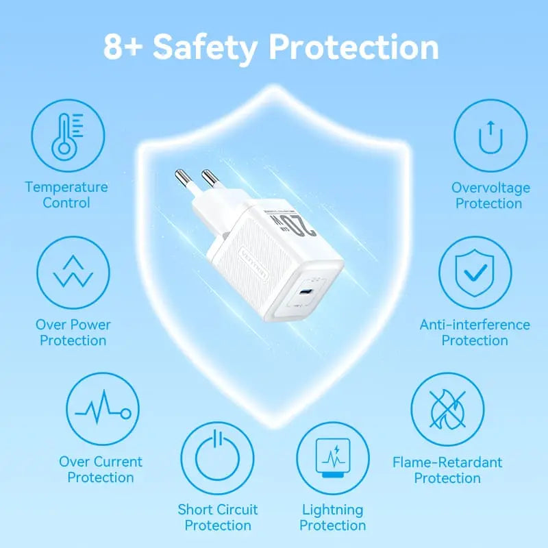 Vention 1-Port USB-C GaN Charger 20W with USB-C to USB-C Cable 1M EU-Plug - Vention