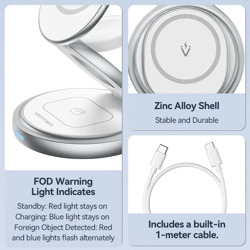 Vention 3-in-1 15W Wireless Charger Stand with MagSafe Silver - Vention