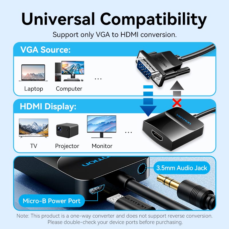 Vention VGA to HDMI™ Converter with Female Micro USB and Audio Port - Vention