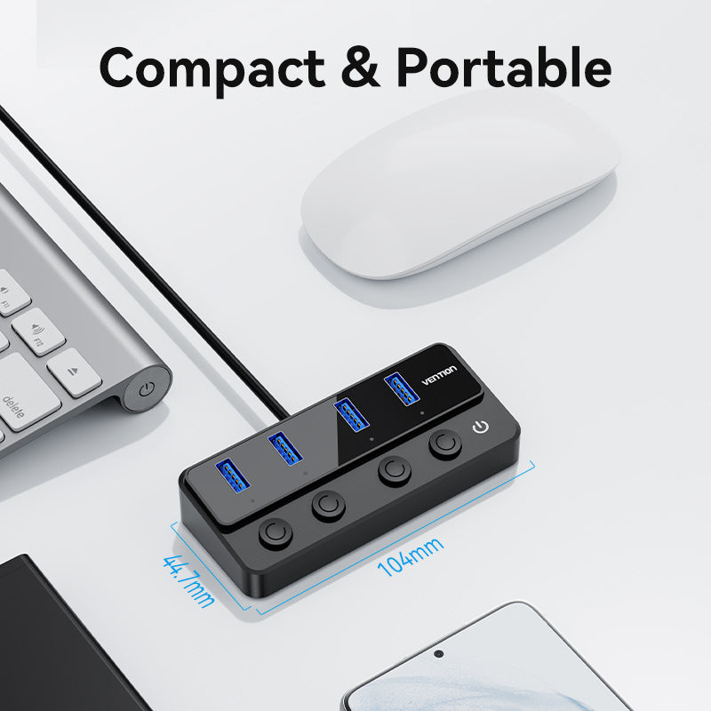 USB 3.0 to USB 3.0 x4+USB C Hub With Individual Power Switches 1M Black
