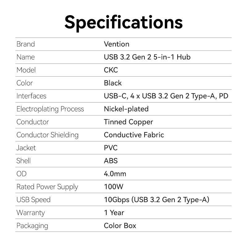 Vention USB-C - USB 3.2 Gen 2 Tip-A x 4/PD 10G Hub 0,15M Siyah