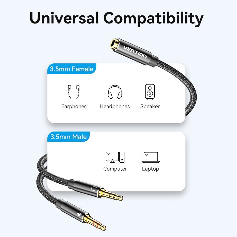Vention Cotton Braided Dual 3.5mm TRS Male to 3.5mm Female Audio Cable 0.3M Black Aluminum Alloy Headphone Type (OMTP/CTIA) - Vention