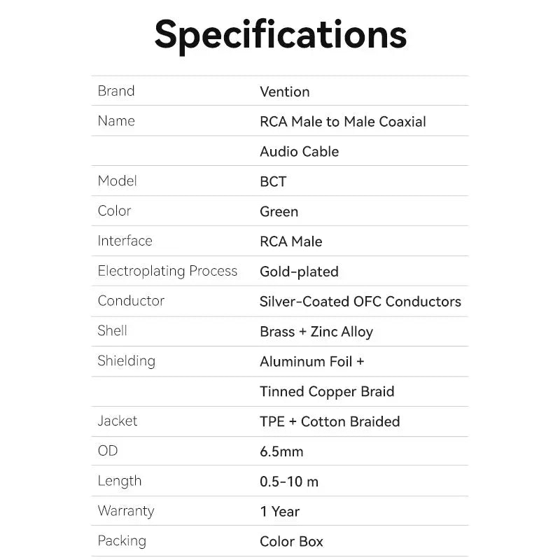 Vention Cotton Braided RCA Male to Male Coaxial Audio Cable 0.5/1/1.5/2/3/5/8/10M Green Copper Type - Vention