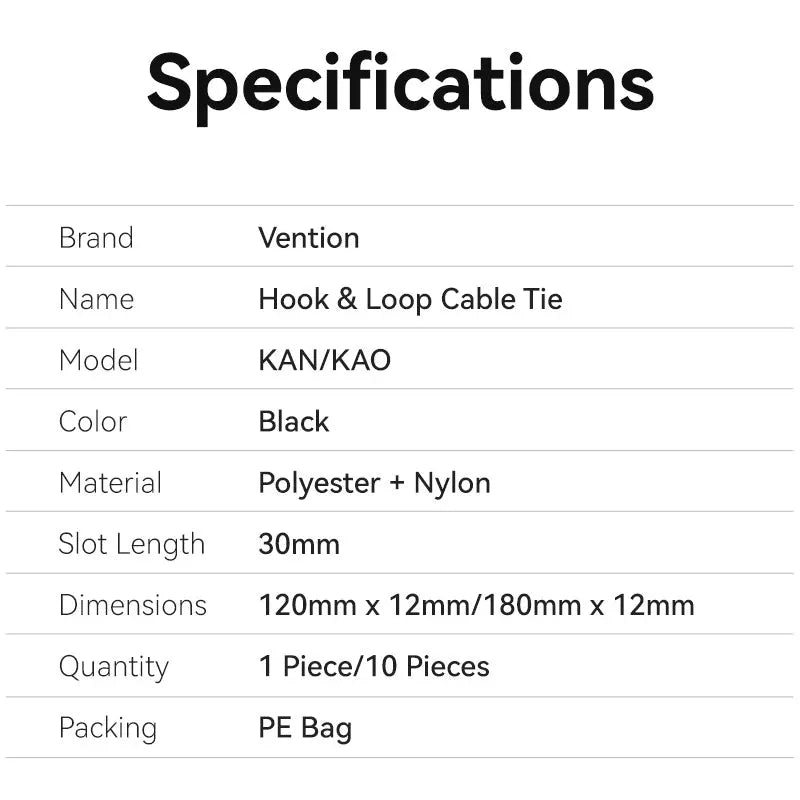 Vention Hook & Loop Cable Tie 120mm x 12mm Black - Vention