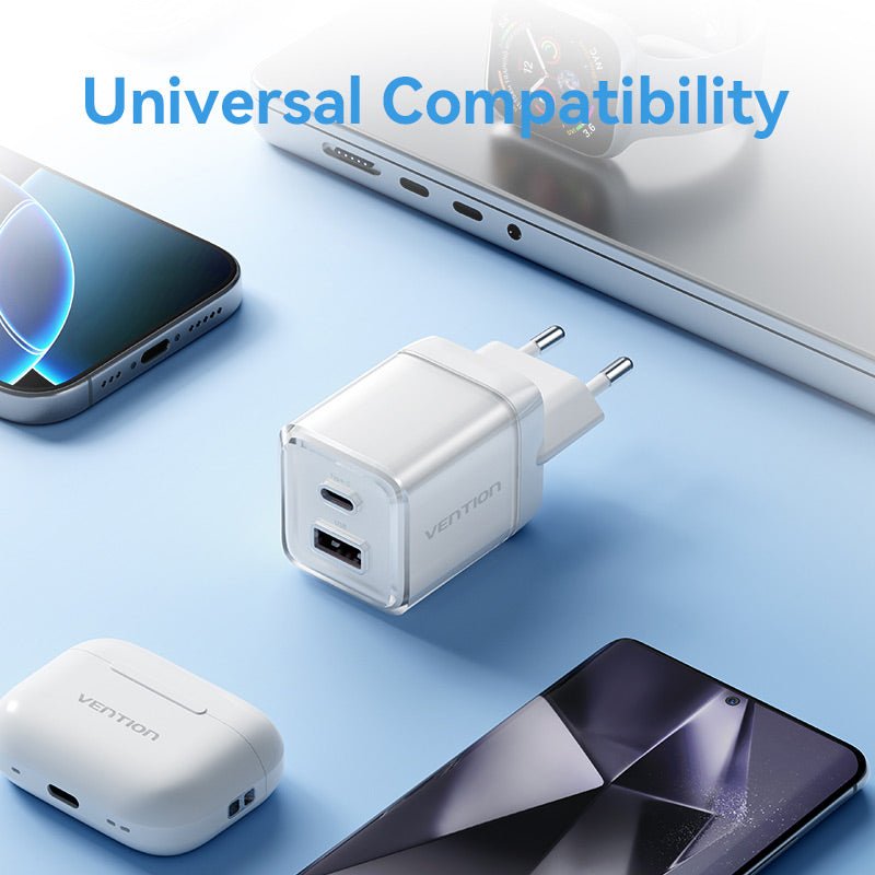 Vention 2-Port USB (C + A) GaN Charger (70W/22.5W) EU-Plug Transparent Gray - Vention