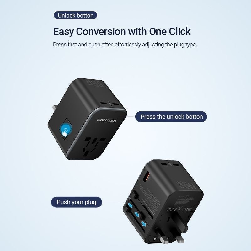 Vention 3-Port USB (C+C+A) GaN Universal Travel Adapter (65W/65W/30W) - Vention