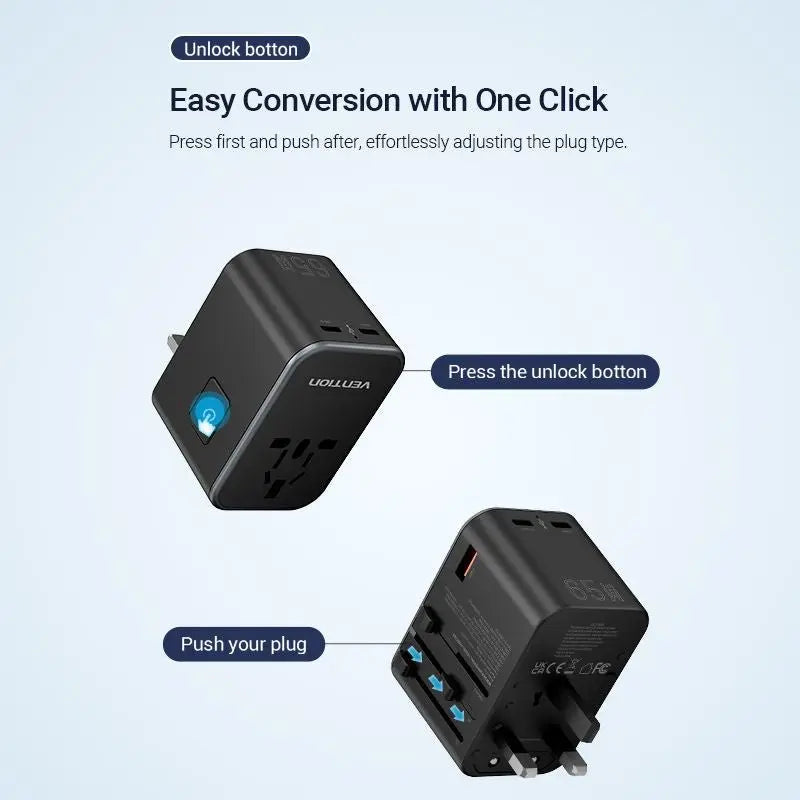 Vention 3-Port USB (C+C+A) GaN Universal Travel Adapter (65W/65W/30W) - Vention