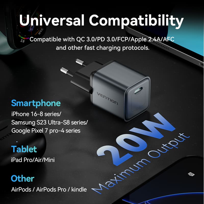 <tc>Vention</tc> Chargeur USB-C GaN 1 port 20 W, prise UE