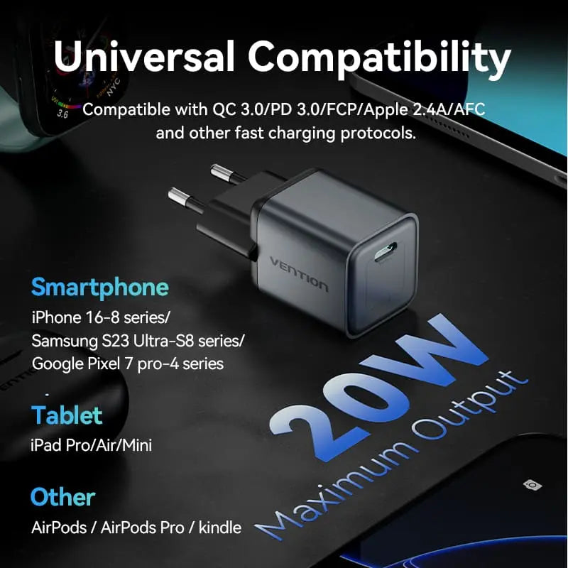 Vention 1-Port USB-C GaN Charger 20W EU-Plug - Vention