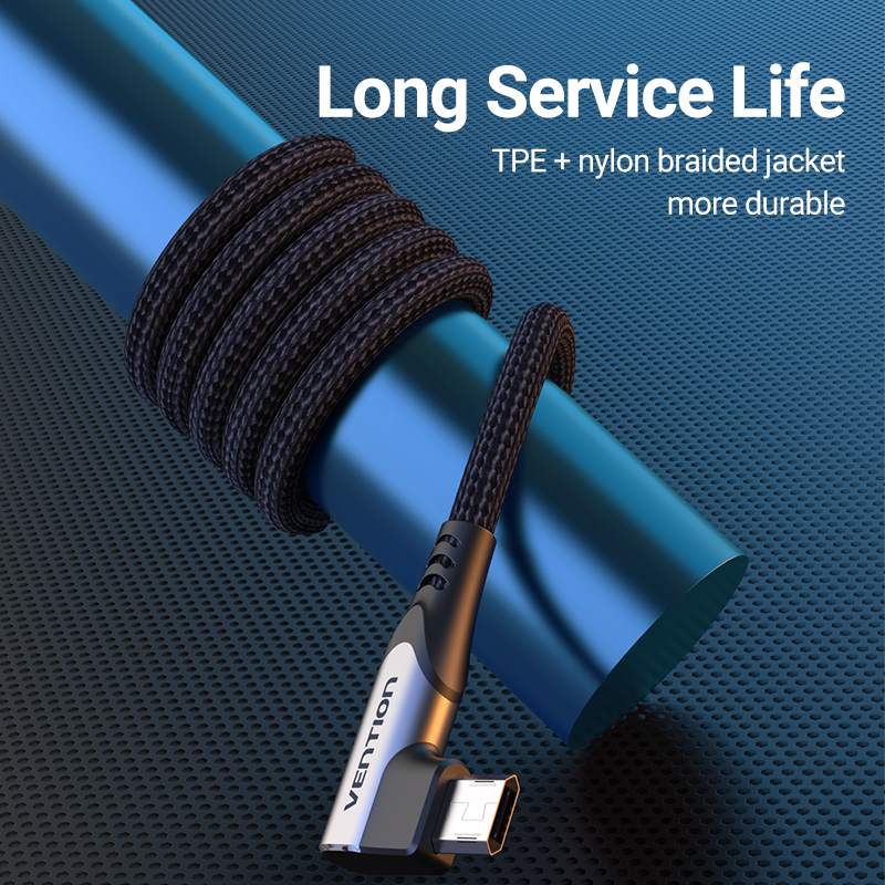 USB 2.0 A Male to Micro-B Male Right Angle 3A Cable 0.25/0.5/1/1.5/2/3M Gray Aluminum Alloy Type - Vention