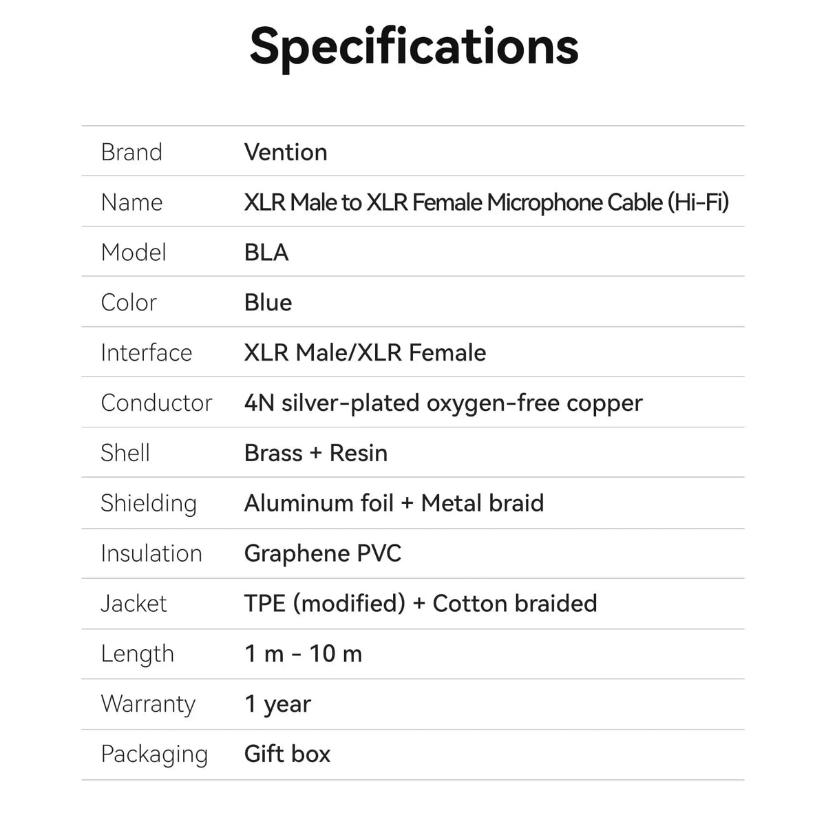 Vention XLR Male to XLR Female Microphone Cable (Hi-Fi) - Vention