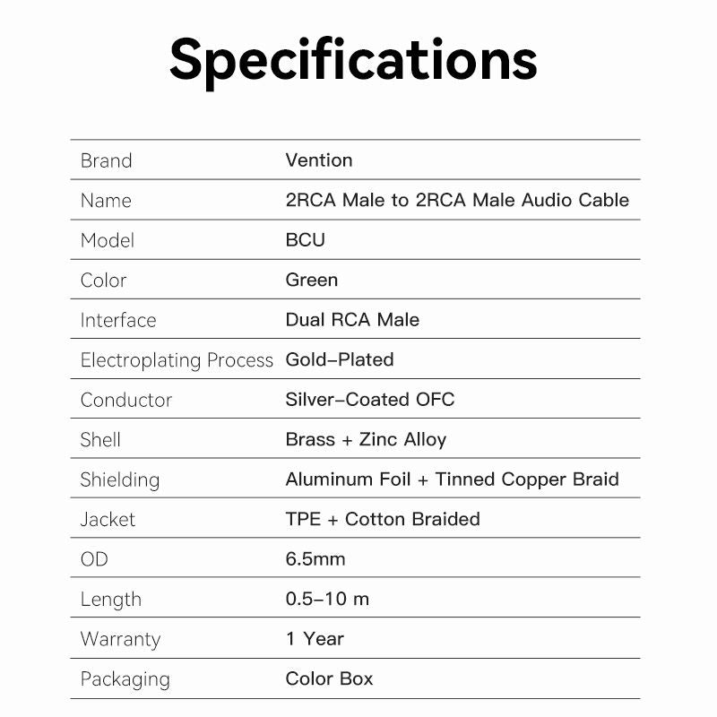 Vention Cotton Braided 2RCA Male to 2RCA Male Audio Cable 0.5/1/1.5/2/3/5/8/10M Green Copper Type