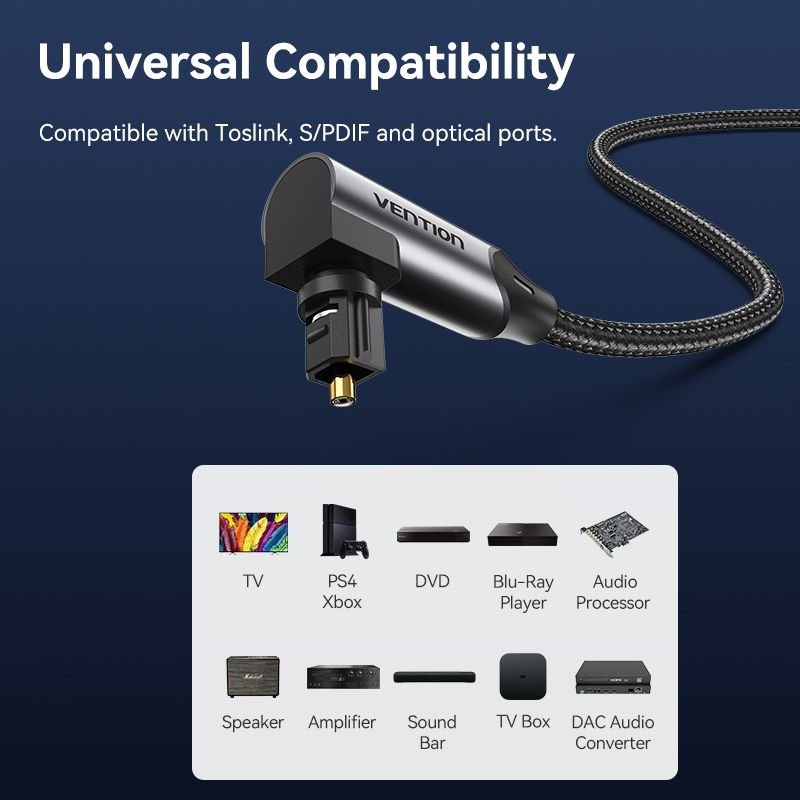 Vention 90-Degree Optical Audio Cable 0.5/1/1.5/2/3/5/10M Black Aluminum Alloy Type - Vention