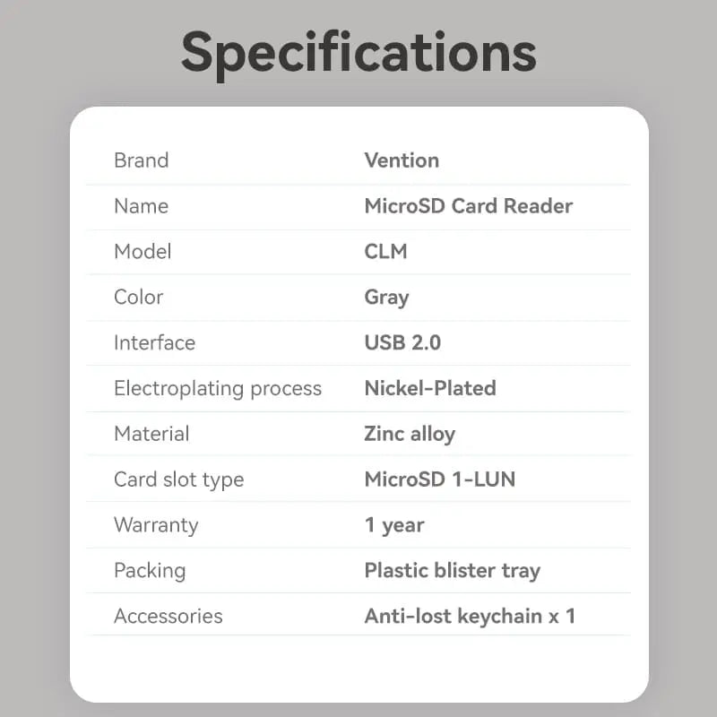 Vention USB 2.0 Type-C MicroSD Card Reader Gray Zinc Alloy Type - Vention